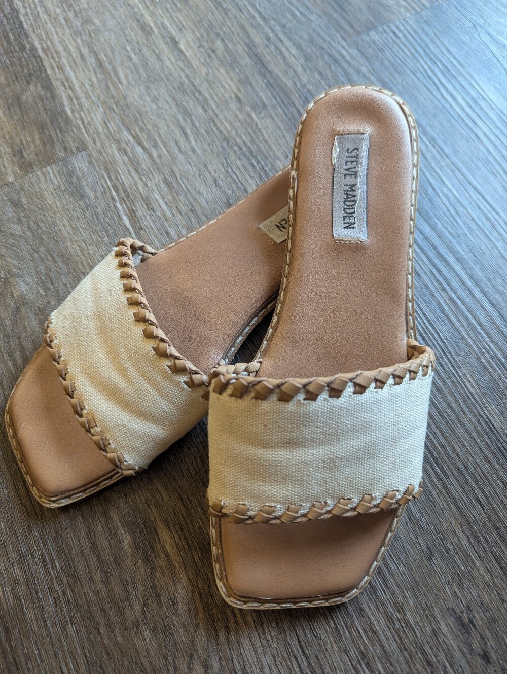 Steve Madden Cream Canvas Slide Mules with Braided Trim In 6.5